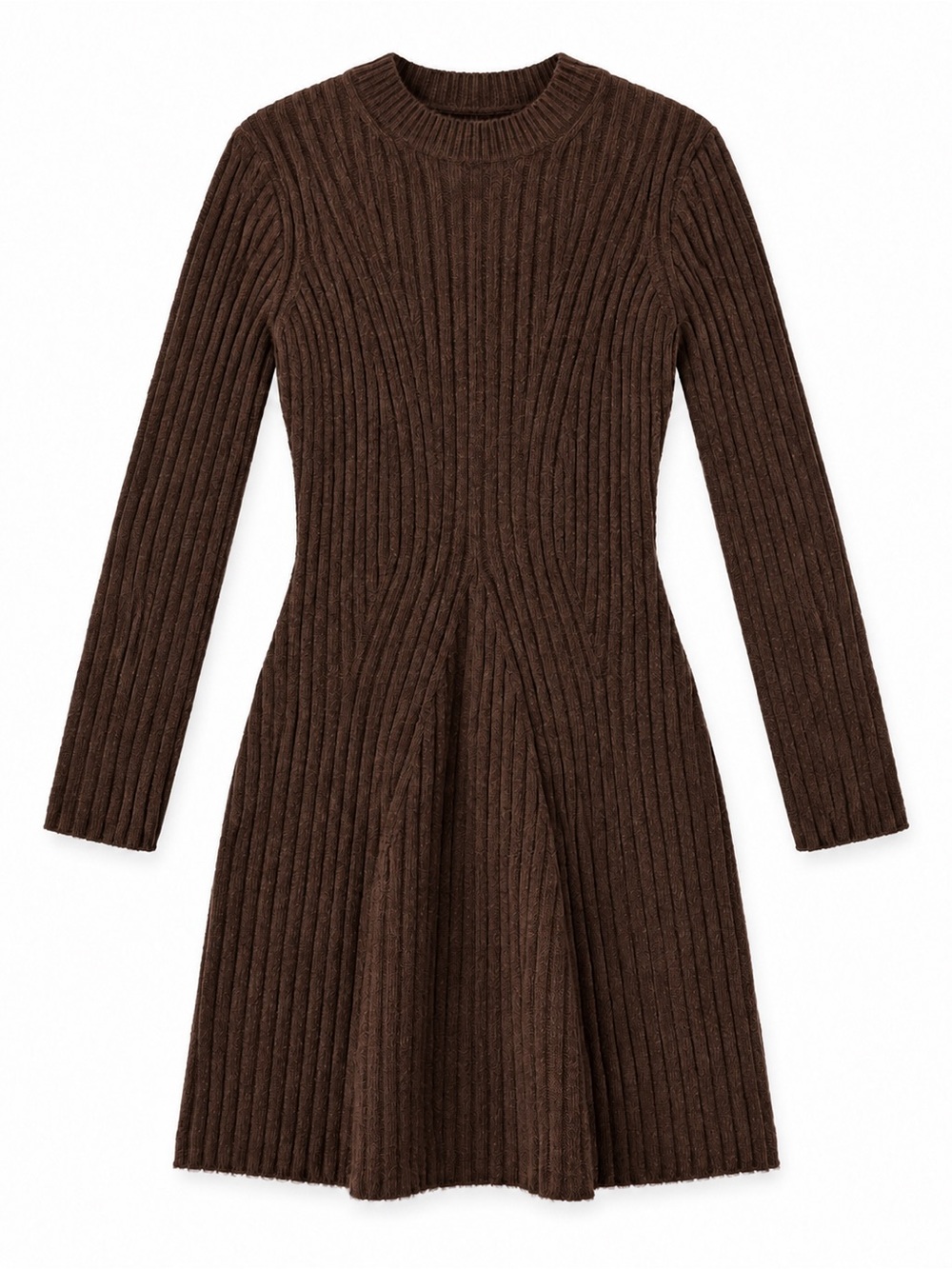 H&M Ribbed Long-Sleeve Flare Dress Brown Mini Dress